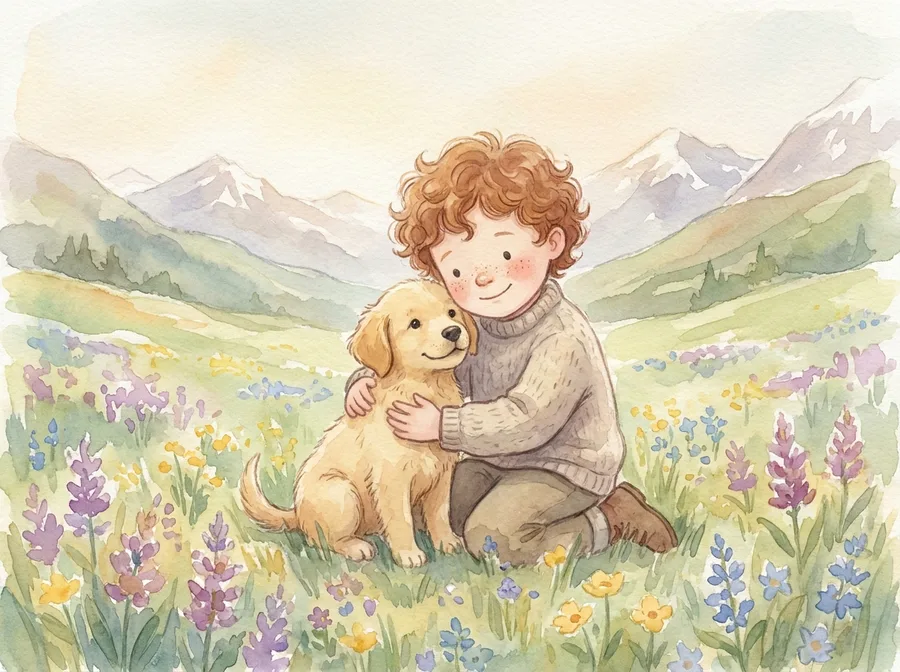 Aquarell-Illustration: ein fröhliches Kind umarmt einen kleinen Welpen auf einer sonnigen Alpenwiese voller Wildblumen.