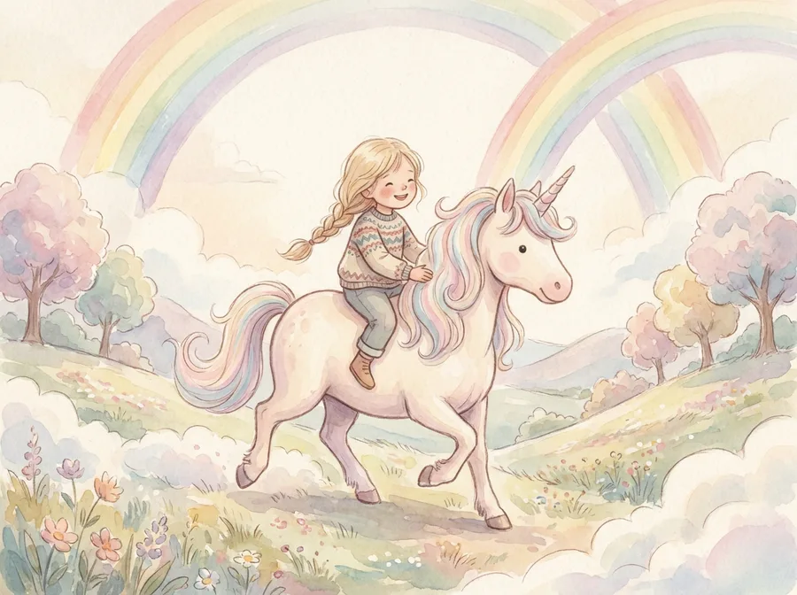 Aquarell-Illustration: ein Kind reitet auf einem sanften Einhorn durch ein glitzerndes Regenbogental.