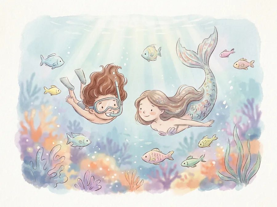Aquarell-Illustration: ein Kind schnorchelt mit fröhlichen Fischen und einer Meerjungfrau über einem leuchtenden Korallenriff.