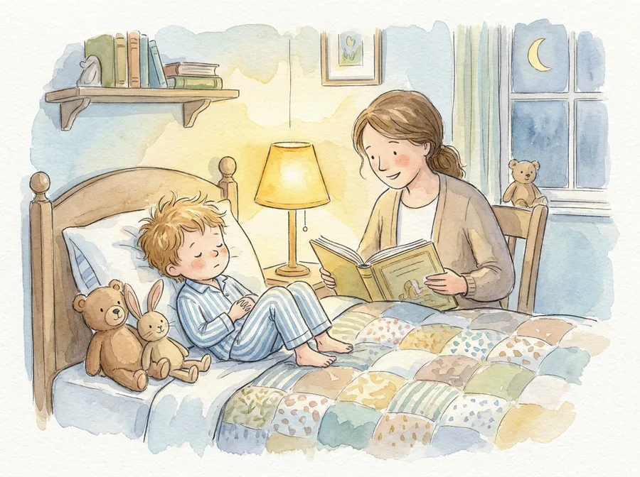 Aquarell-Illustration: ein Kind im Schlafanzug lauscht im warmen Lampenlicht einer Gute-Nacht-Geschichte vom Elternteil.